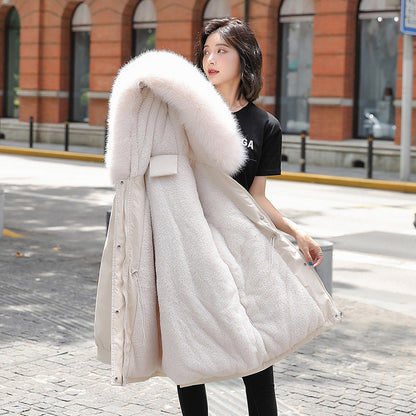 Big Fur Collar Loose Cotton-padded Fleece-lined Thickened Parka Cotton Clothing