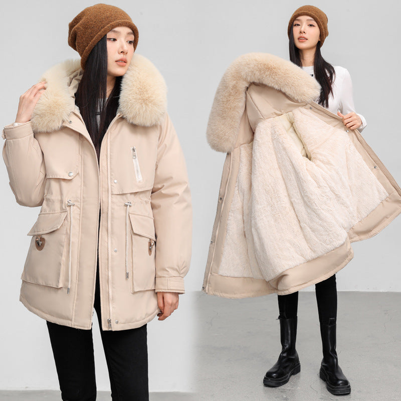 Cross-border Fleece-lined Thickened Parka Collar Slim Fit Slimming Cotton Coat